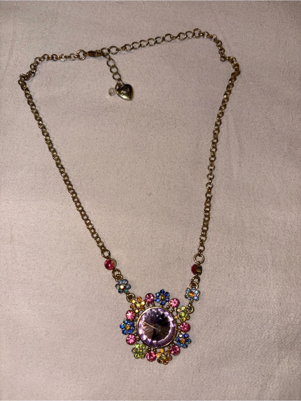 Betsey Johnson Gold-Tone Multicolor Floral Pendant Necklace with Lavender Center